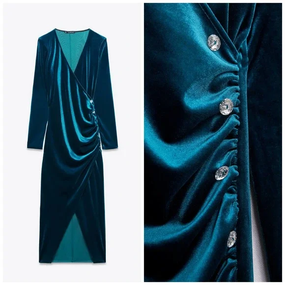 ZARA VELVET JEWEL BUTTON RUCHED MIDI DRESS BLUE - Picture 6 of 12